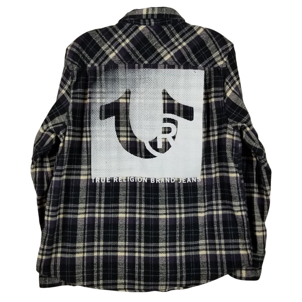 True Religion Mens Plaid Flannel Shirt Purple Black Logo Graphic Small S